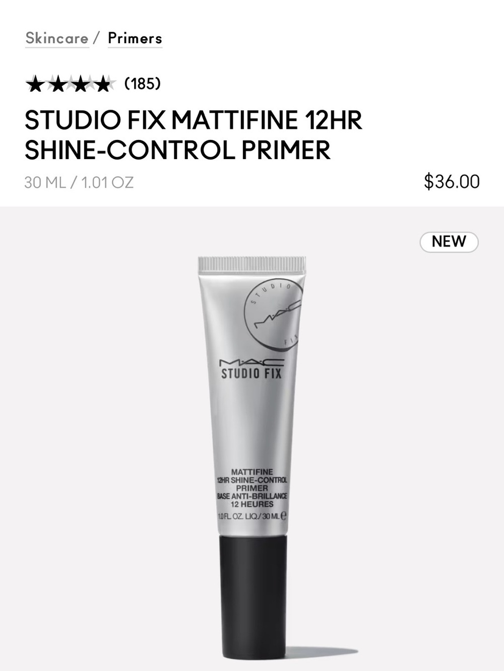 NEW IN BOX - MAC Cosmetics Studio Fix Mattifine Primer - Silver & Black